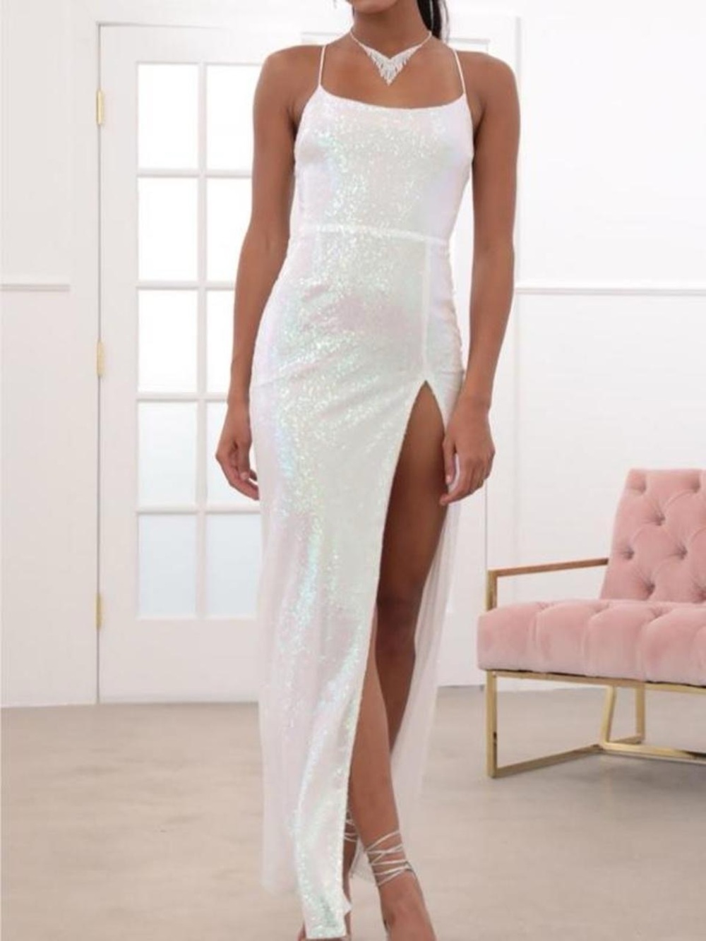 Lucy in the Sky Iridescent White Sequin Slit Maxi Dress - Women